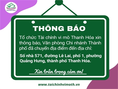 THÔNG BÁO CHUYỂN ĐỊA ĐIỂM VĂN PHÒNG CHI NHÁNH THÀNH PHỐ THANH HOÁ